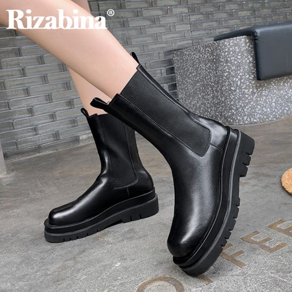 

rizabina real leather woman short boots fashion flats winter shoes women mid calf boot office lady footwear size 34-39, Black
