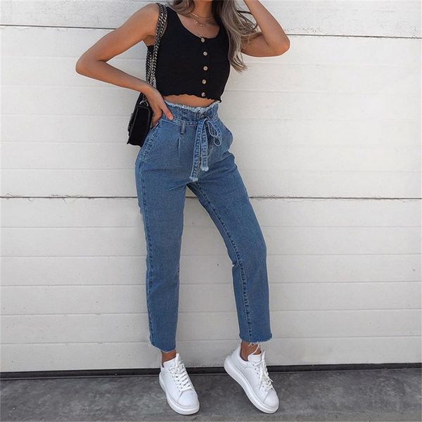 

women's jeans women vintage high waist belt stretch skinny denim female tassel pencil pant slim trouser zipper burr full pants, Blue