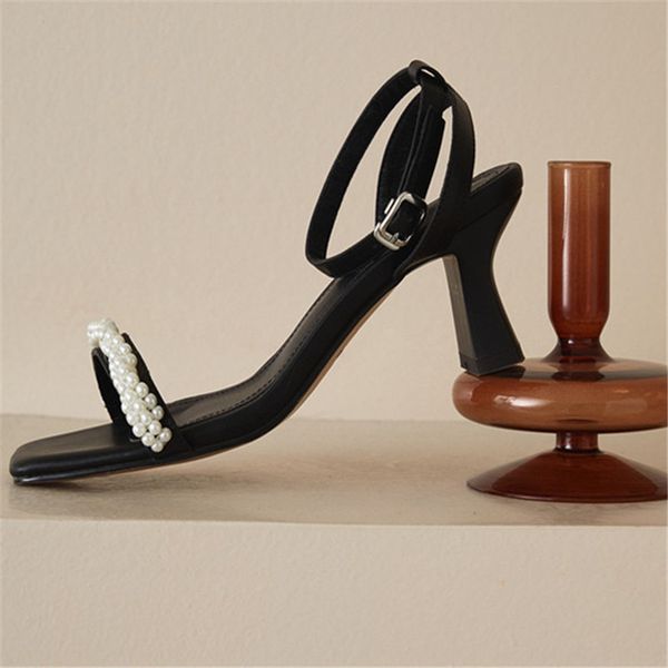 

summer heel ankle strap sandals fashion rhinestone pearl narrow band open toe gladiator sandal women casual lace up shoes, Black