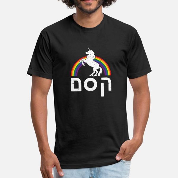 

magical rainbow in hebrew word with unicorn jewish t shirt men printing cotton o-neck gents loose comical summer style standard shirt