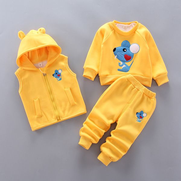 

baby boy and girl clothes autumn and winter pure cotton thick warm vest hooded sweater cartoon cat bear three-piece baby suit, White