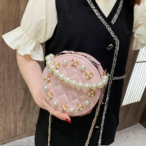 

elegant female pearl tote round bag 2020 new leather women's designer handbag lattice chain shoulder messenger bags