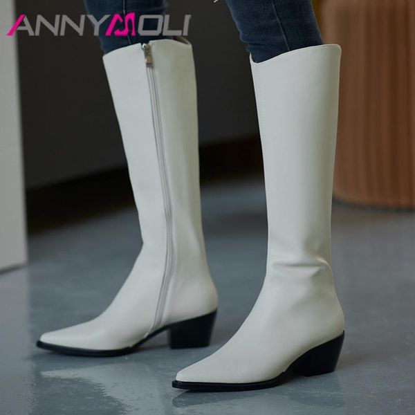 

annymoli women western boots shoes real leather high heel knee-high boots pointed toe thick heels zip long lady brown 40, Black