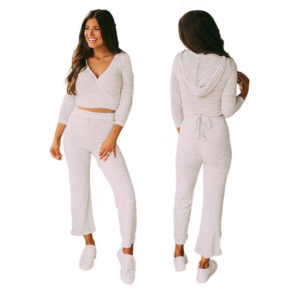 

european and american women's 2020 suit women's summer new two-piece hooded deep v wide leg pants, White