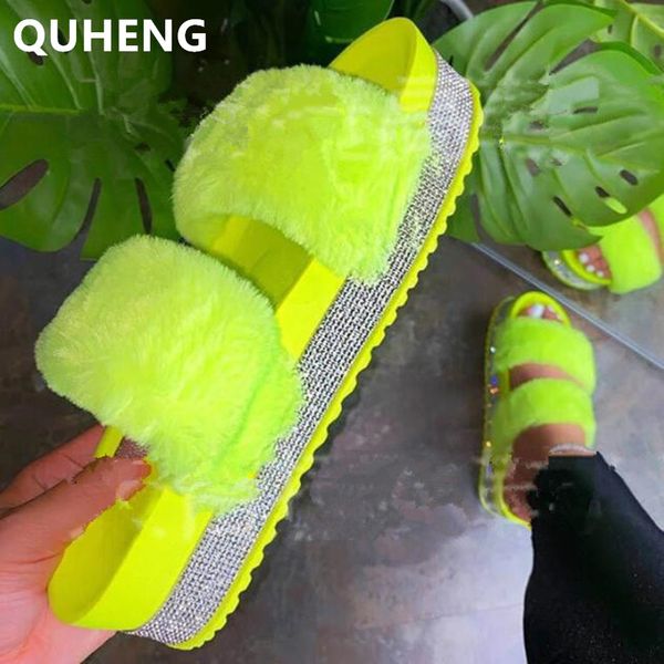 

fashion summer women fur slippers fluffy real fur slides rhinestones platform shoes home slippers woman furry flip flops, Black