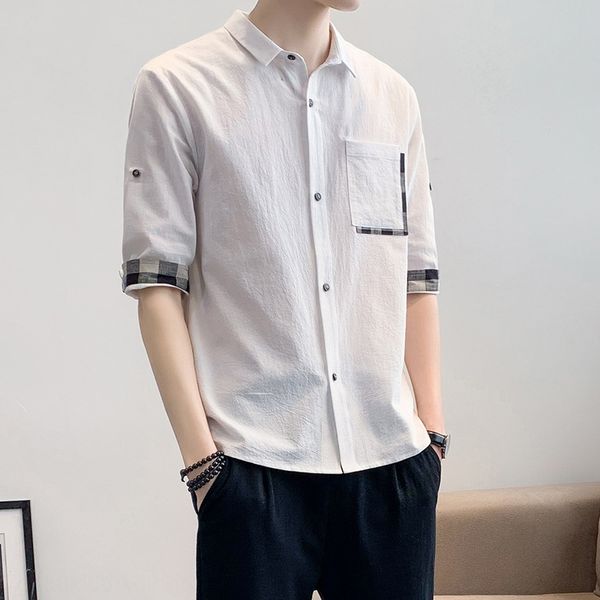 

cotton and linen men's cotton and linen summer half sleeve loose handsome shirt korean style slim fit short sleeve casual all-match shi, Blue