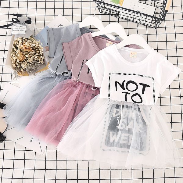 

girls dress summer new letters children short-sleeved children's clothing stitching mesh yarn children's dress princess, Red;yellow