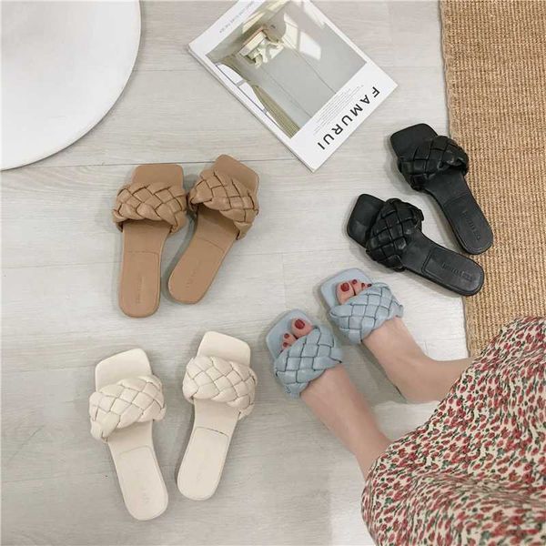 

женщины сандалии 2020 лето pu площади носком плетение плоские сандалии плоские каблуки повседневная обувь мода тапочки для женщин party пляж, Black