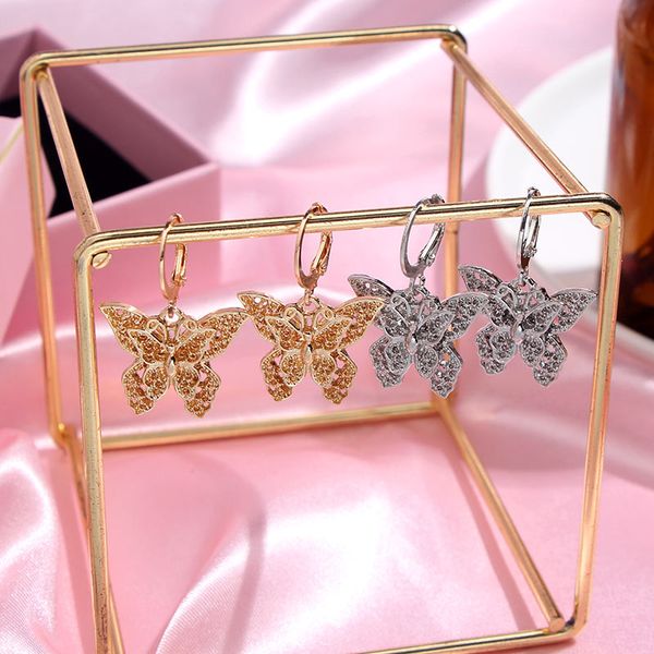 

flatfoosie 2pcs/set fashion butterfly drop earrings for women gold silver color hollow butterfly earring sets exquisite jewelry