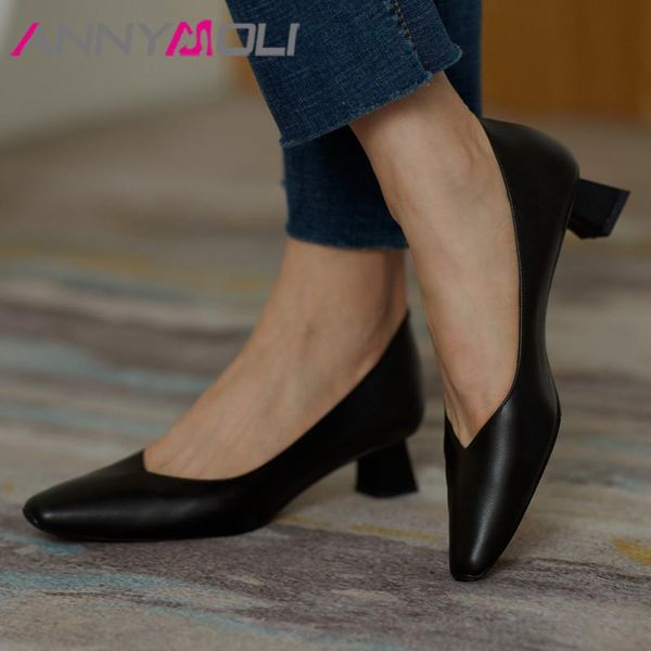 

annymoli genuine leather mid heel pumps women shoes square toe block heels dress lady footwear autumn beige apricot big size 40, Black