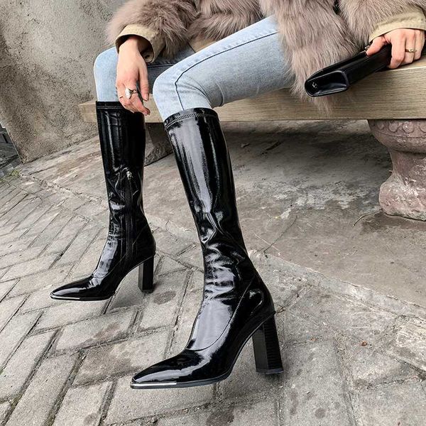 

patent leather knee-high boots women platform autumn winter ladies boots zipper high heels black shoes woman motorcycle