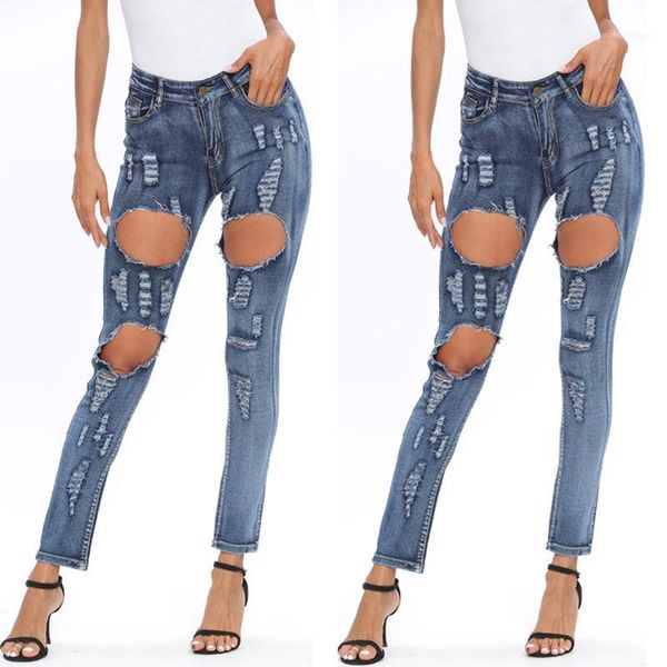 

woman summer high waist light washed pencil pants women fashion slim trousers womens hole vintage blue jeans
