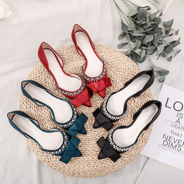 

2020 новая женщина кристалл шелковой неглубоких квартир обуви женской остроконечные toe бант flat single ladies shoes fashion party квартира, Black