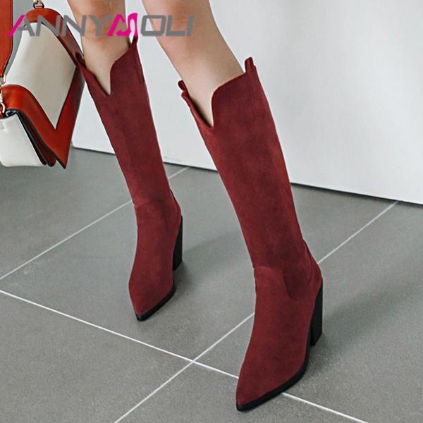 

annymoli knee-high boots women shoes pointed toe block heels long boots ladies winter high heel female footwear coffee black 46