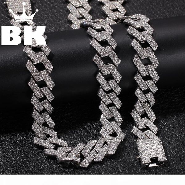 

2cm hip hop gold color iced out crystal miami cuban chain gold silver necklace & bracelet set selling the hip hop king j190721