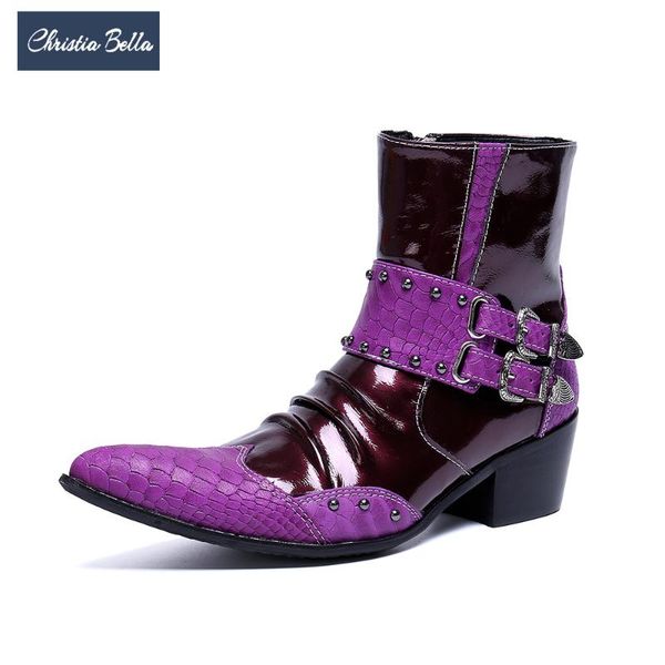 

boots christia bella large size real leather men zip italian designer motorcycle ankle handmade snake skin man shoes, Black