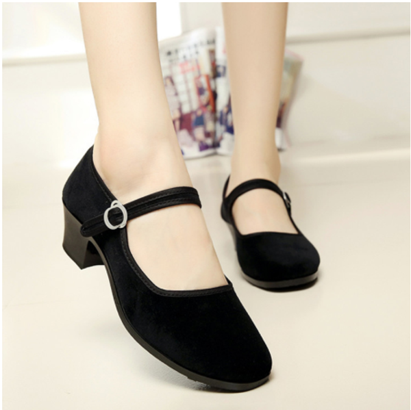 

2020 spring women's pumps ladies med thick heels flock women buckle straps woman comfortable shoes female casual, Black