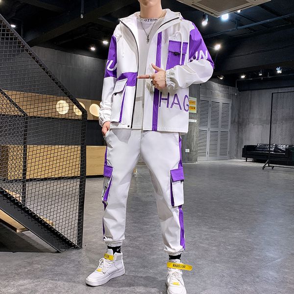 

youth cardigan jacket men's sports leisure loose sweater jacket handsome hooded suit color-blocking outdoor, Black;brown