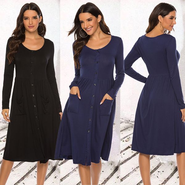 

casual dresses 2021 retro ladies autumn dress solid color a line long sleeved button o neck female vestidos, Black;gray