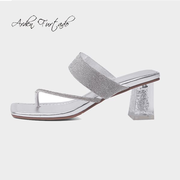 

arden furtado summer fashion women's shoes square head elegant silver narrow band flip flops cryal rhinestone slippers, Black