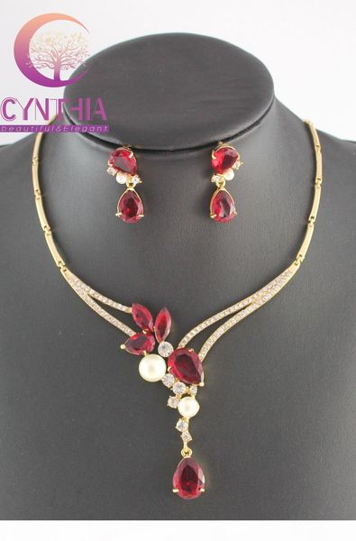 

fashion white pearl ruby black sapphire garnet gold plated crystal necklace earrings wedding party jewelry set, Slivery;golden