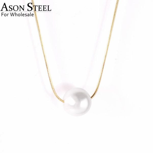 

asonsteel gold color imitation pearl pendant necklace stainless steel snake chains necklaces simple accessories women/girl party, Silver