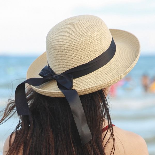 

2020 Lace Bow Summer Straw Hat Women Big Wide Brim Beach Hat Sun Women Panama Ladies Cap Casual Sun for Girls Bone, Blue;gray