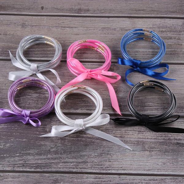 

bangles ribbon set multi-layer silicone gold wrist jelly bangle bracelet bowknot friendship glitter bangles femme, Golden;silver