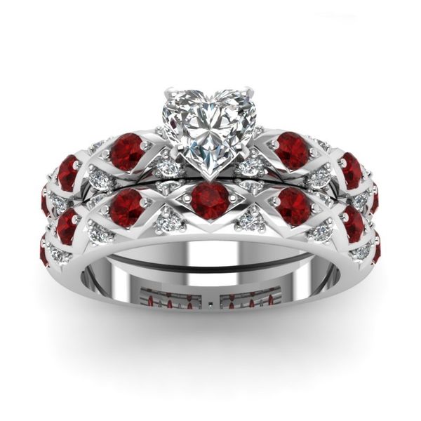 

2pcs/set charm heart rings set cute geometric round white/red rhinestones zircon ring for women jewelry party girl gift, Golden;silver