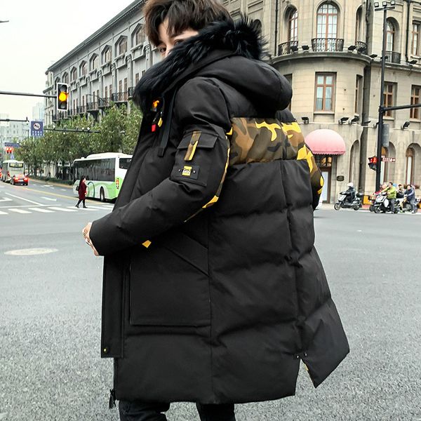 

men's down jacket 2020 men's cotton winter new thick trend jacket long casual solid color hooded cotton 3xl, Black