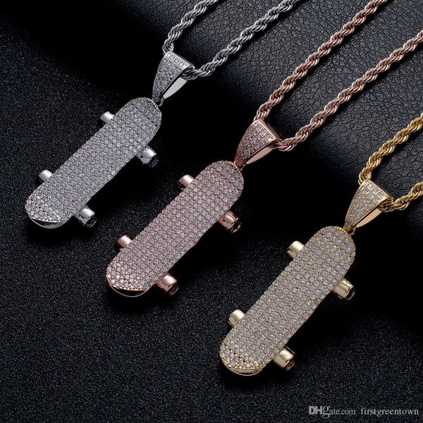 

Hip-hop Gold Pendant Necklace Gold Silver and Rose gold Skateboard Pendant Necklace bling Jewelry with Cubic Zirconia Stone