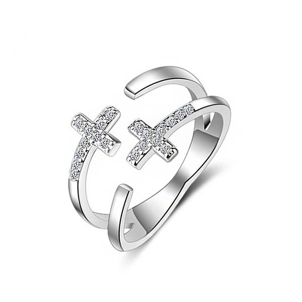 

double tiny cross cz zirconia opened finger rings for women men rose colors resizable rings fashion party jewelry gifts, Golden;silver