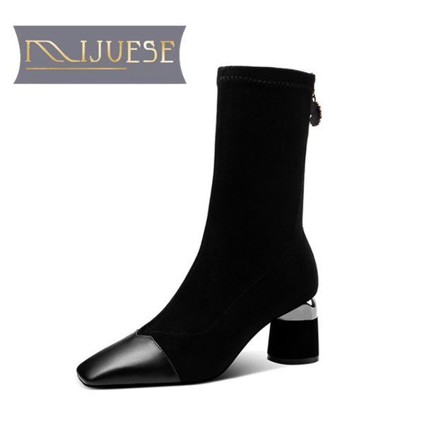 

mljuese 2021 women mid-calf boots flock winter short plush square toe zipper high heels female boots size 39, Black
