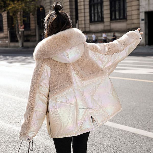 

women winter coat lamb hair short down jacket female loose fur collar patchwork glossy cotton outwear womens oversized coats, Black