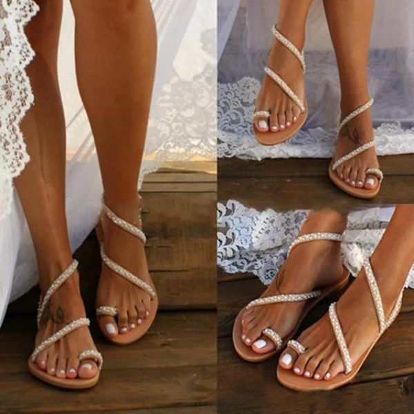 

2020 rhinestone women sandals genuine leather soft rubber sole basic buckle strap big size 35-43 women's summer shoes flat shoes, Black