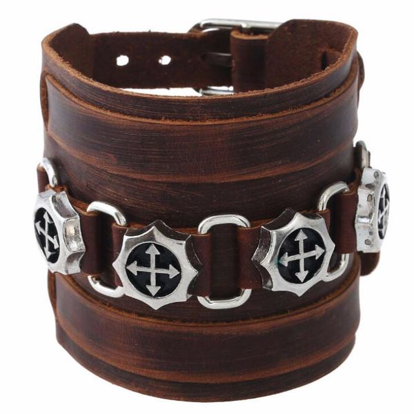 

punk gothic rock cross rivet bracelet cuff metal charm wide genuine leather bangle wrap wristbands for women men vintage jewelry, Golden;silver