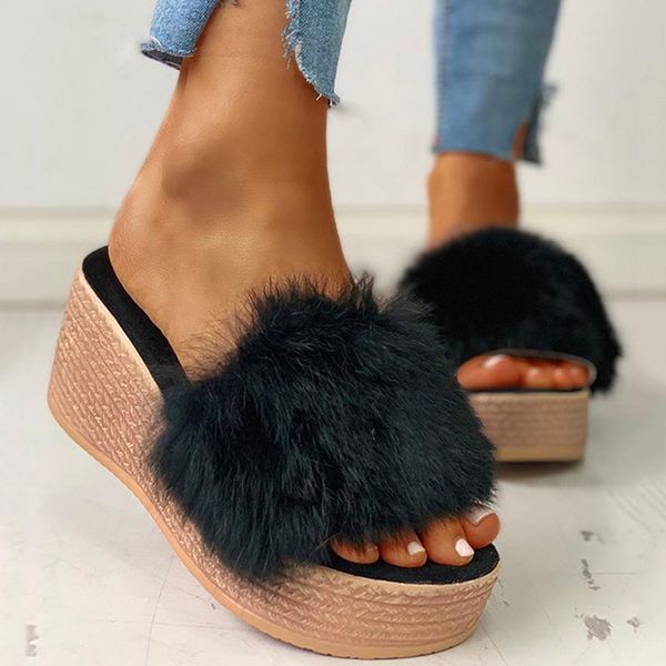 

fashion summer wedge women fur slippers fluffy fur slides soft platform shoes home slippers woman furry flip flops, Black