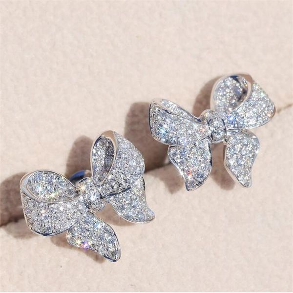 

new arrival luxury jewelry 925 sterling silver pave white sapphire cz diamond gemstones bow earring party women wedding stud earring gift, Golden;silver