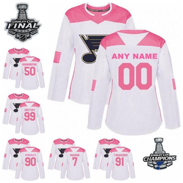 

women's st. louis blues #91 vladimir 90 ryan o'reilly 50 binnington 17 schwartz authentic white/pink fashion hockey jersey, Black;red