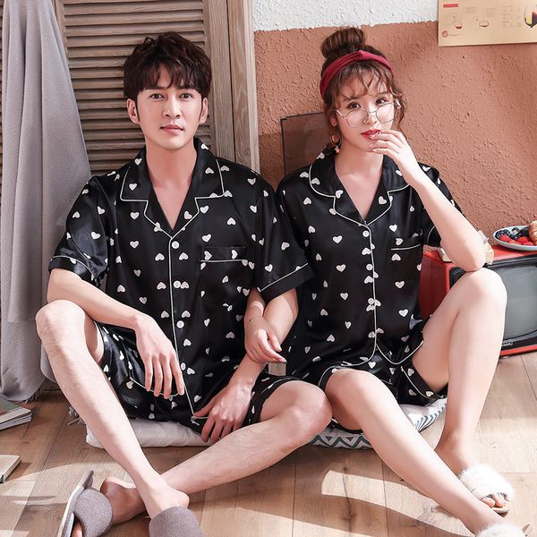

men's sleepwear lovers pajamas couples silk soft pyjama sets nightgown pajama short sleeve men lounge pijamas, Black;brown