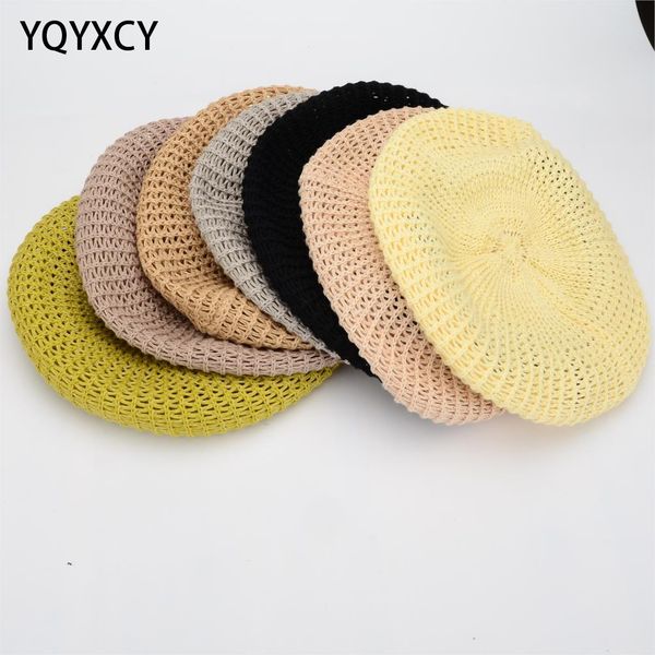 

berets spring summer french handmade knitted female beret women black hollow breathable painter hat student, Blue;gray