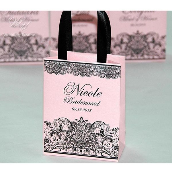 

gift wrap personalized bridesmaid's bags wedding party bag with satin ribbon and custom name, elegant for guests