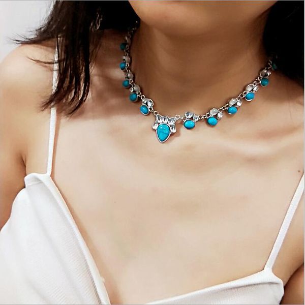 

bohemian blue retro pendant necklace for women fashion ocean sea beach necklaces vintage boho natural necklaces jewelry, Silver