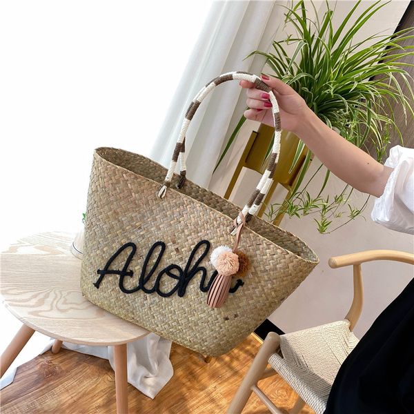 

woman big embroidery straw bag scarf hair ball decoration straw bag portable woven beach crossbody messenger shoulder handbag
