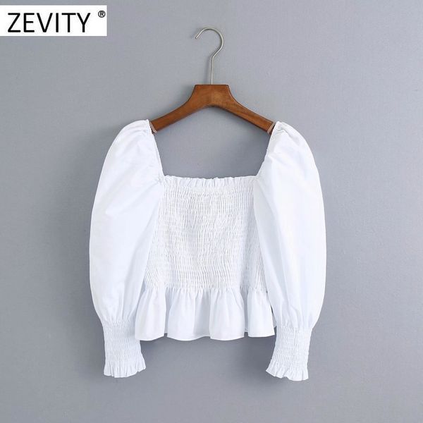 

zevity new women elegant square collar elastic poplin smock blouse ladies puff sleeve slim white shirts chic cropped ls7033