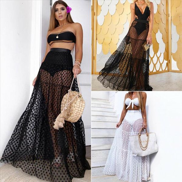 

women boho maxi high waist sheer skirt polka dot long skirts club party summer beach sundres, Black