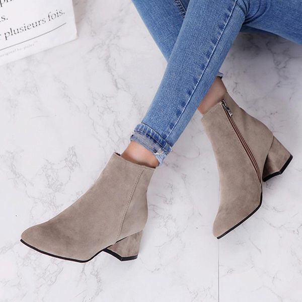 

new fashion zipper up women solid shoes woman flock boots chunky high square heels ankle boots shoes woman round toe booties, Black