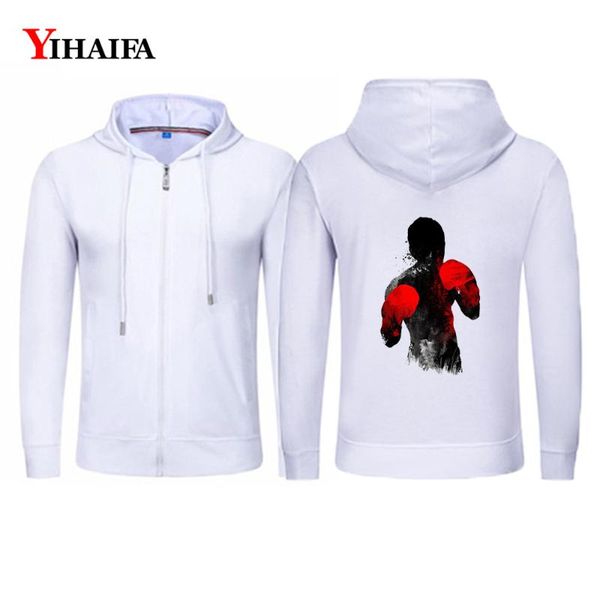 

yihaifa men sports hooded sweatshirt zipper jacket casual hoodies boxing man graphics tracksuit zip coat fitness, Black