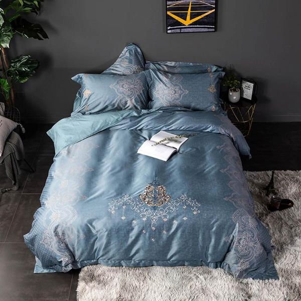 

papa&mima blue grey baroque european embroidery bedding set jacquard silk cotton bedlinens  king size duvet cover set