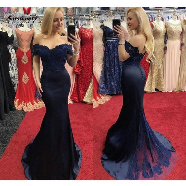 

2023 dark navy mermaid prom dresses off shoulder sweep train appliques long formal women evening party gowns custom made, Black;red